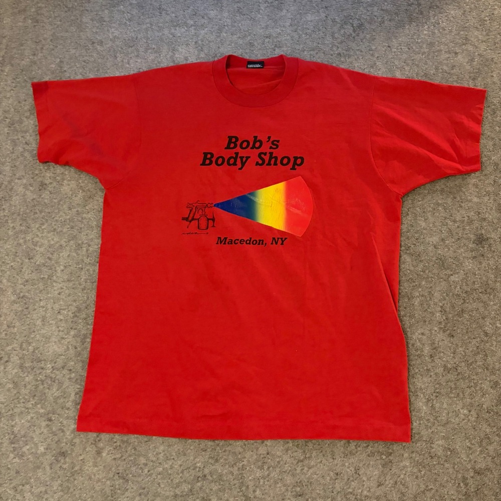 Fruit of the Loom Red Bob's Body Shop Short Sleeve Tee with Rainbow Graphic